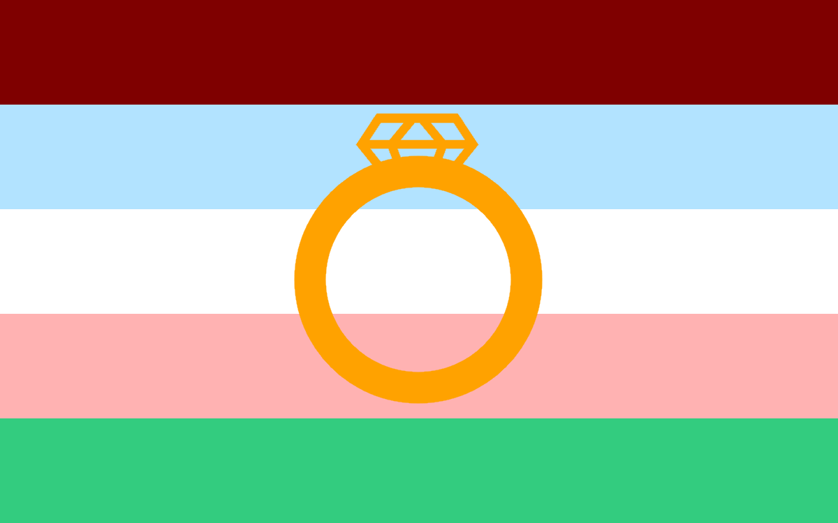 A flag with five stripes. From top to bottom the colors are a deep red, baby blue, white, orange, and green. In the middle is a gold outline drawing of a wedding ring.