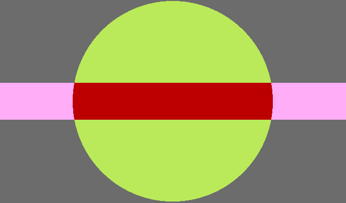 A flag with a grey background, and a stripe in the middle. In the center is a green circle. Where the background is grey, the stripe is pink but when the stripe is on the green circle it is red.